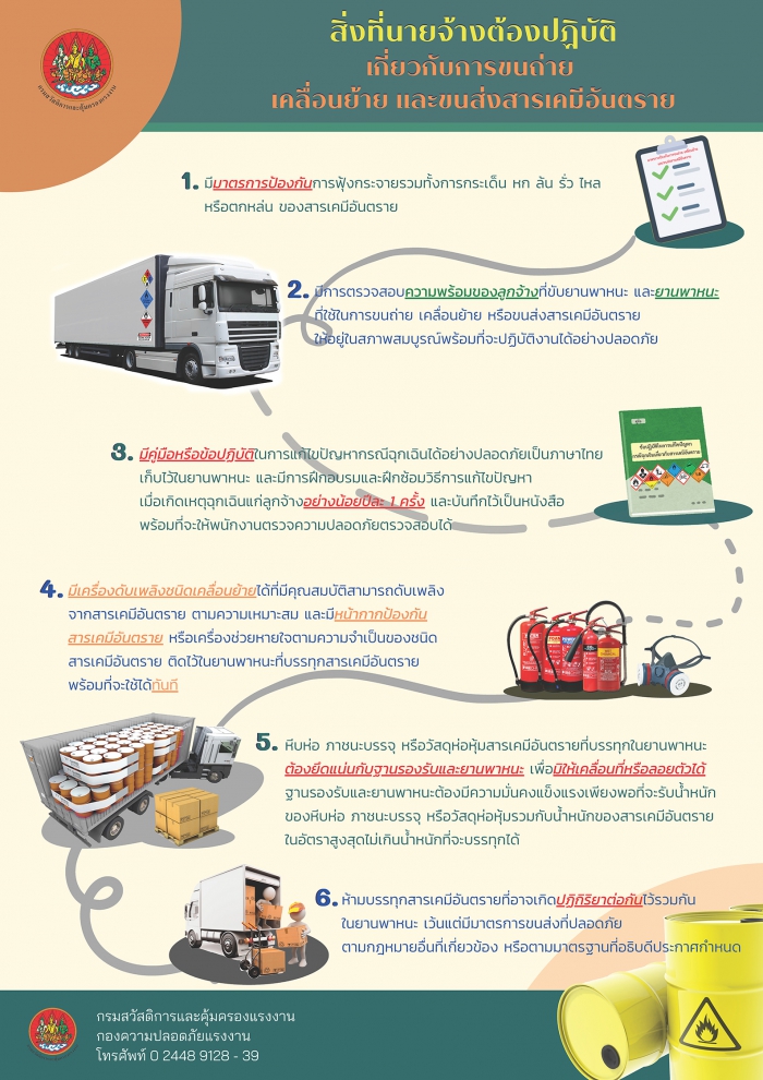 สิ่งที่นายจ้างต้องปฏิบัติเกี่ยวกับการขนถ่ายเคลื่อนย้าย และขนส่งสารเคมีอันตราย