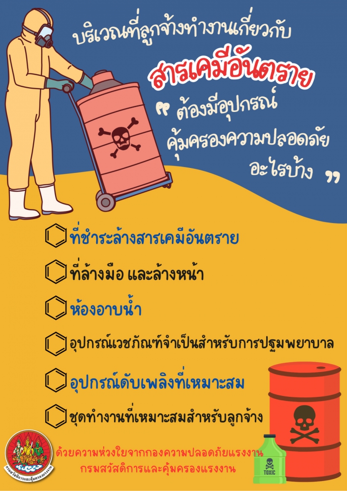 บริเวณที่ลูกจ้างทำงานเกี่ยวกับสารเคมีอันตราย “ต้องมีอุปกรณ์คุ้มครองความปลอดภัยอะไรบ้าง”
