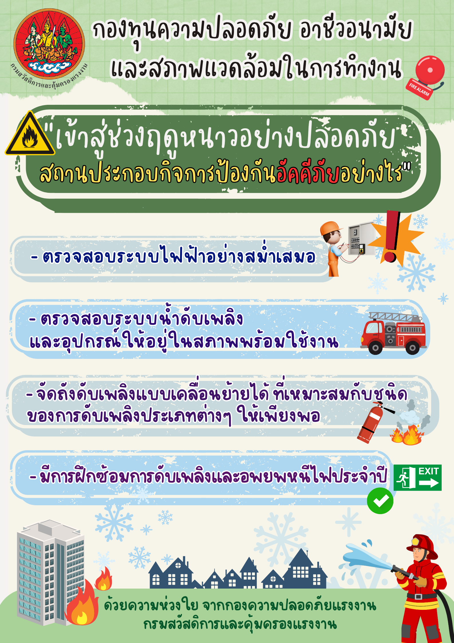 รณรงค์สร้างการรับรู้ เรื่อง เข้าสู่ฤดูหนาวอย่างปลอดภัยสถานประกอบกิจการป้องกันอัคคีภัยอย่างไร