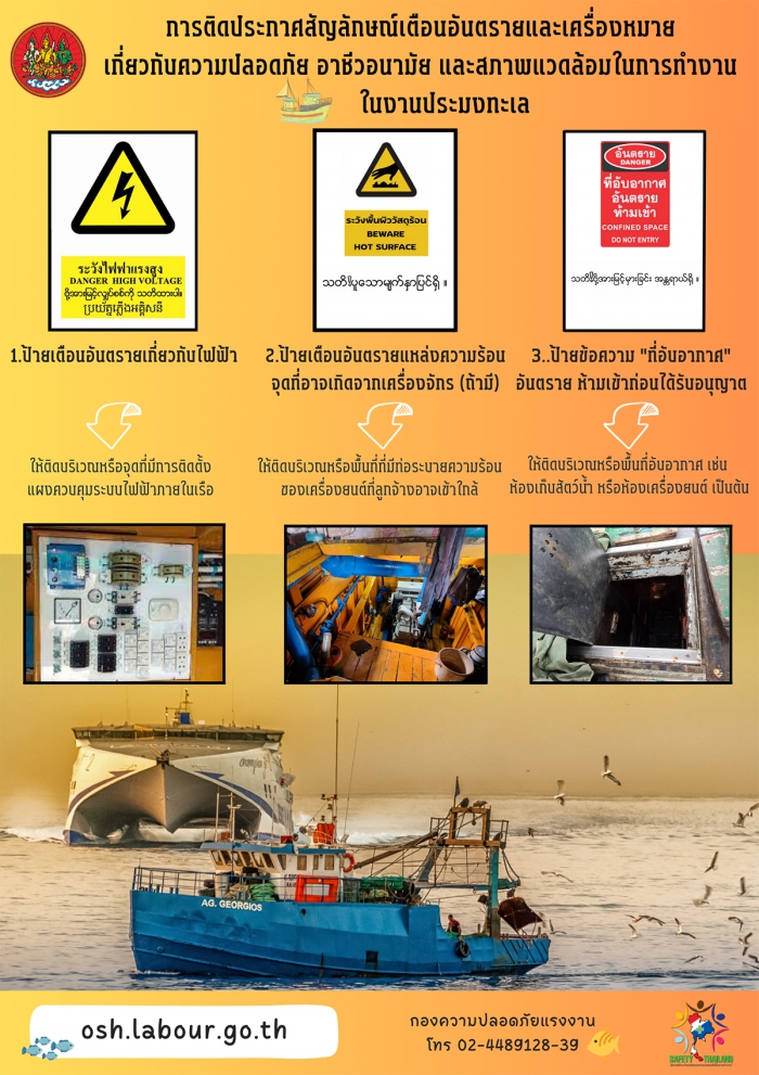 การติดประกาศสัญลักษณ์เตือนอันตราย และเครื่องหมายเกี่ยวกับความปลอดภัย อาชีวอนามัย และสภาพแวดล้อมในการทำงาน ในงานประมงทะเล